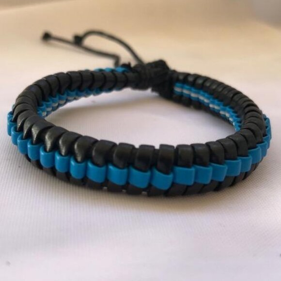 Black & Blue Braided Leather Handmade Bracelet Adjustable Wristband - Picture 1 of 1